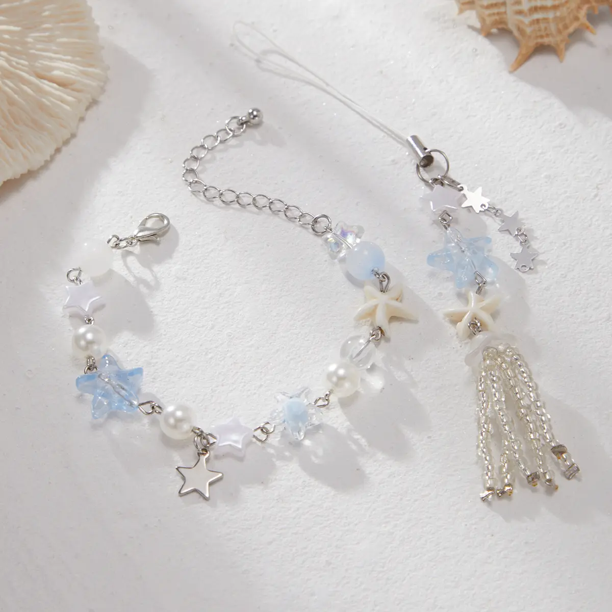 Ingemark 2Pcs/Set Cute Romantic Five Pointed Star Pendant KeyChain Women Trend Rice Beads Tassels Phone Camera Bag Chain Jewelry