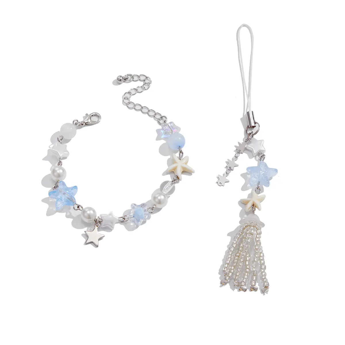 Ingemark 2Pcs/Set Cute Romantic Five Pointed Star Pendant KeyChain Women Trend Rice Beads Tassels Phone Camera Bag Chain Jewelry