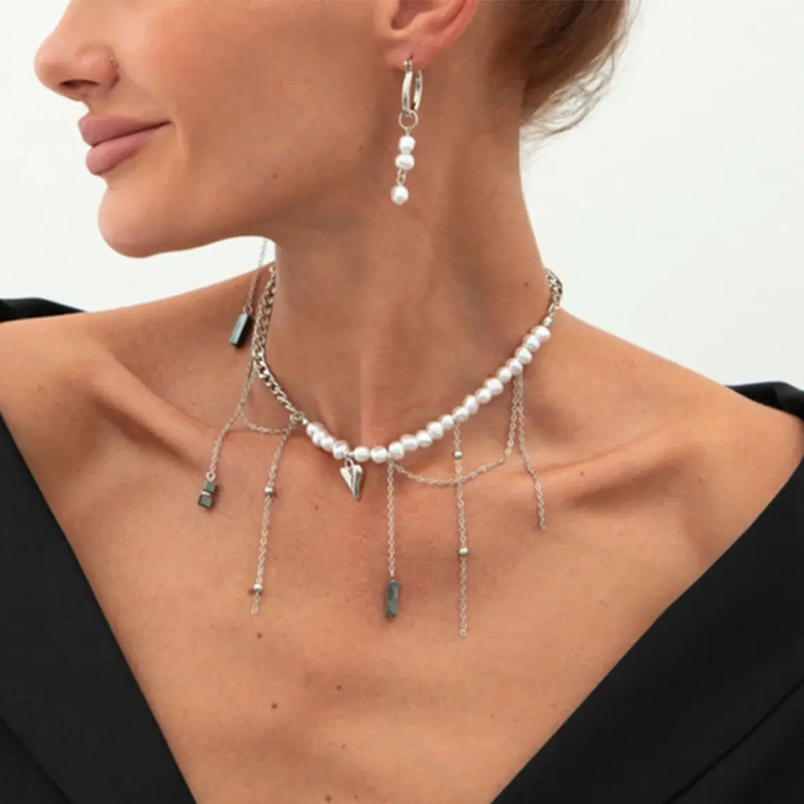 Ingemark Trendy Elegant Imitation Pearl Black Stone Tassel Pendant Necklace Earring Set Women's 2025 Wedding Jewelry Accessories