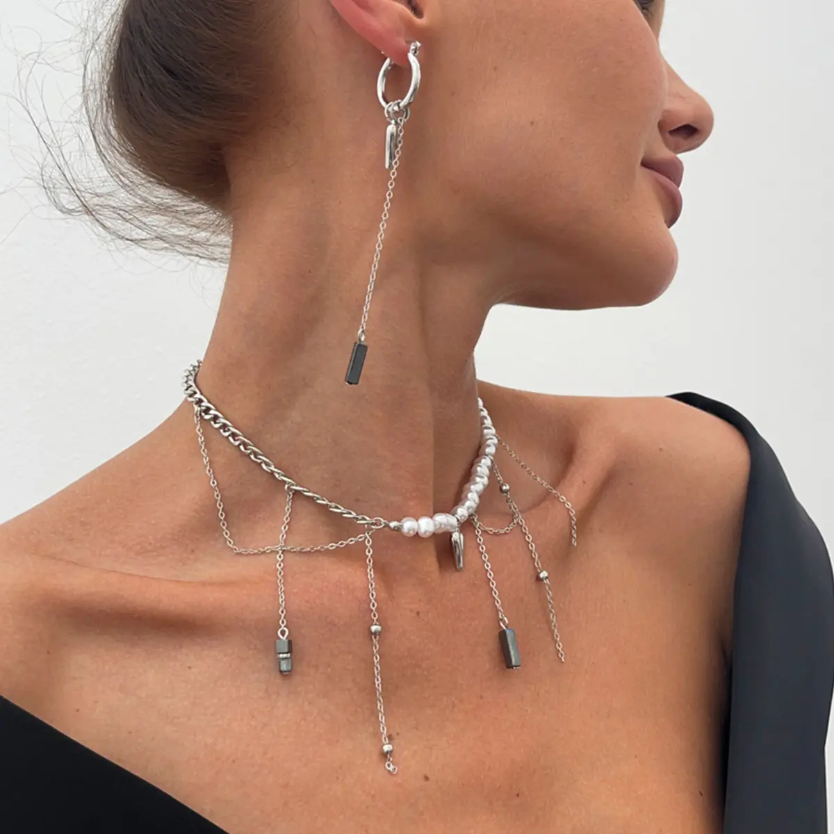 Ingemark Trendy Elegant Imitation Pearl Black Stone Tassel Pendant Necklace Earring Set Women's 2025 Wedding Jewelry Accessories