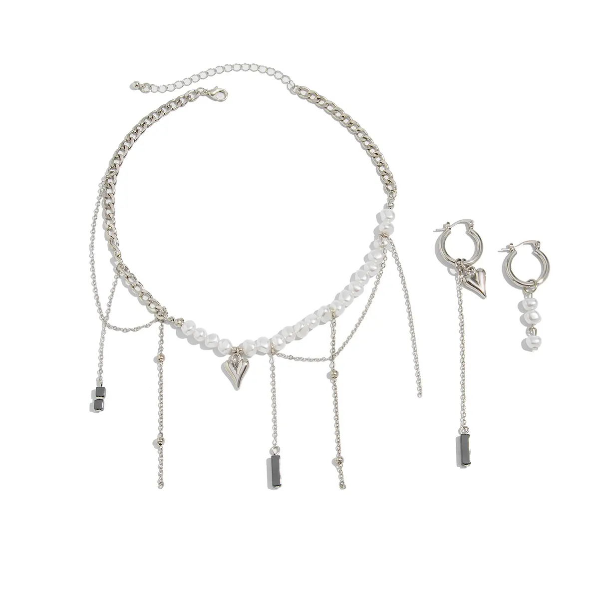 Ingemark Trendy Elegant Imitation Pearl Black Stone Tassel Pendant Necklace Earring Set Women's 2025 Wedding Jewelry Accessories