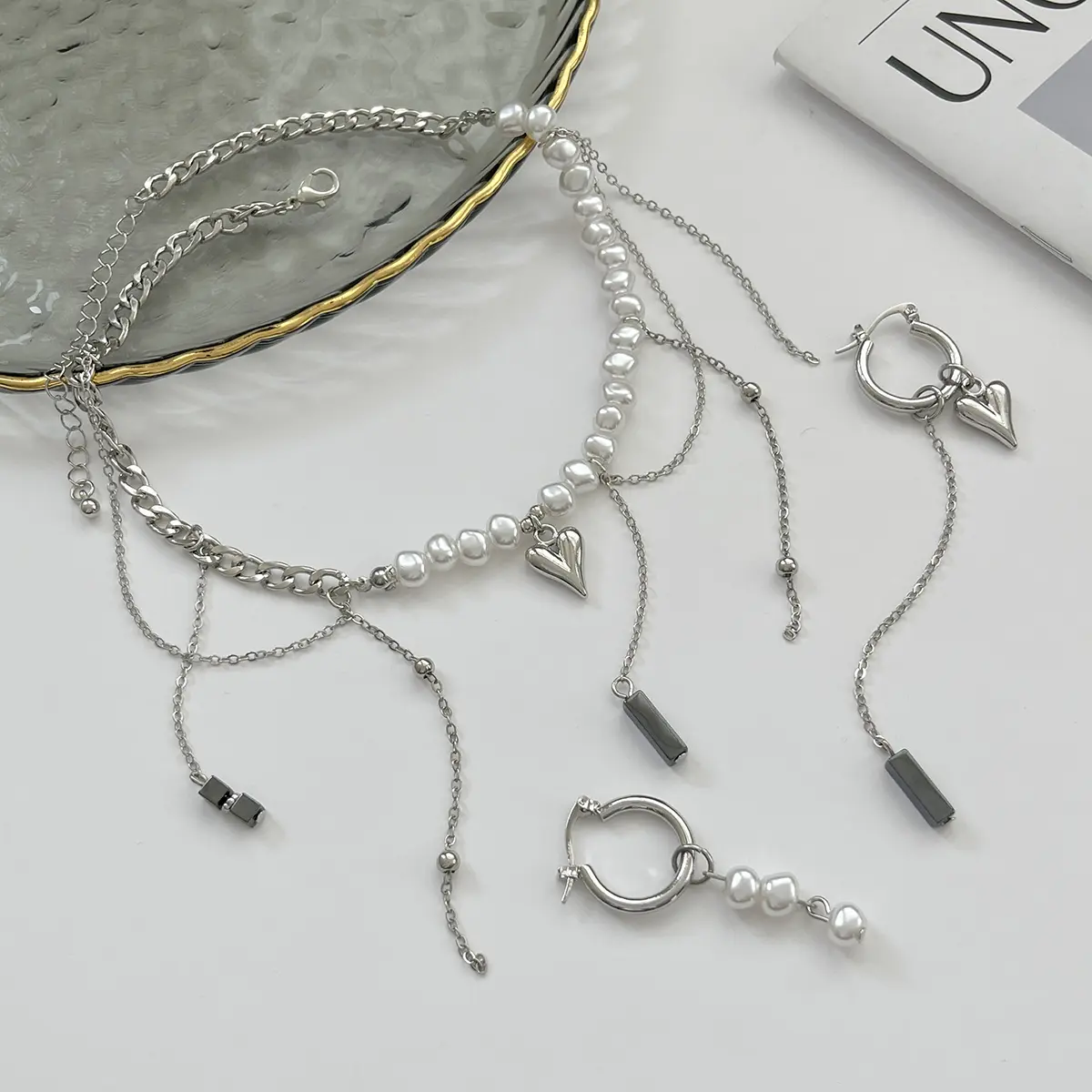 Ingemark Trendy Elegant Imitation Pearl Black Stone Tassel Pendant Necklace Earring Set Women's 2025 Wedding Jewelry Accessories