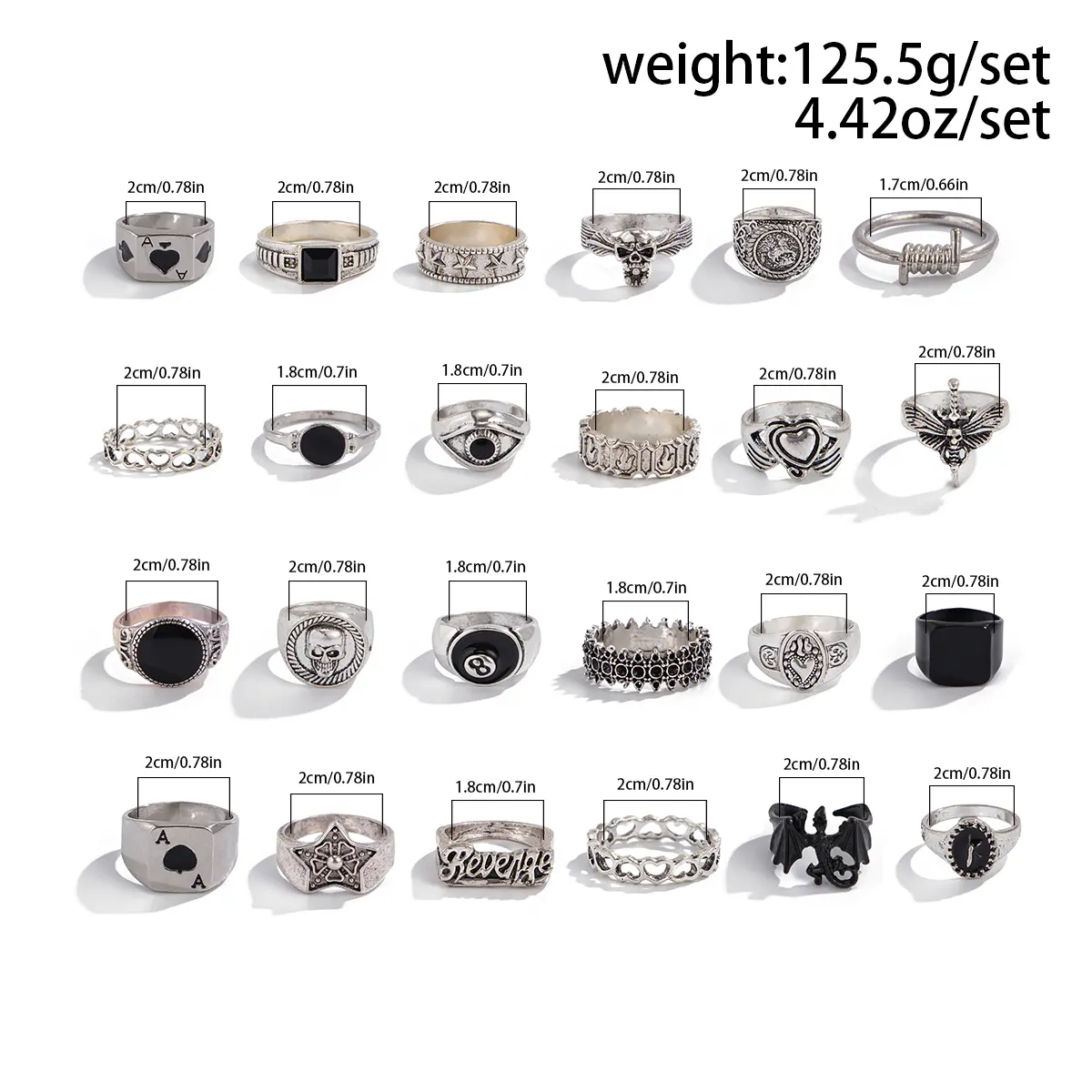 Ingemark 24Pcs/Set Creative Skull Head Poker Bat Rings for Men 2025 Trend Goth Geometric Ancient Silver Color Rings Male Jewelry