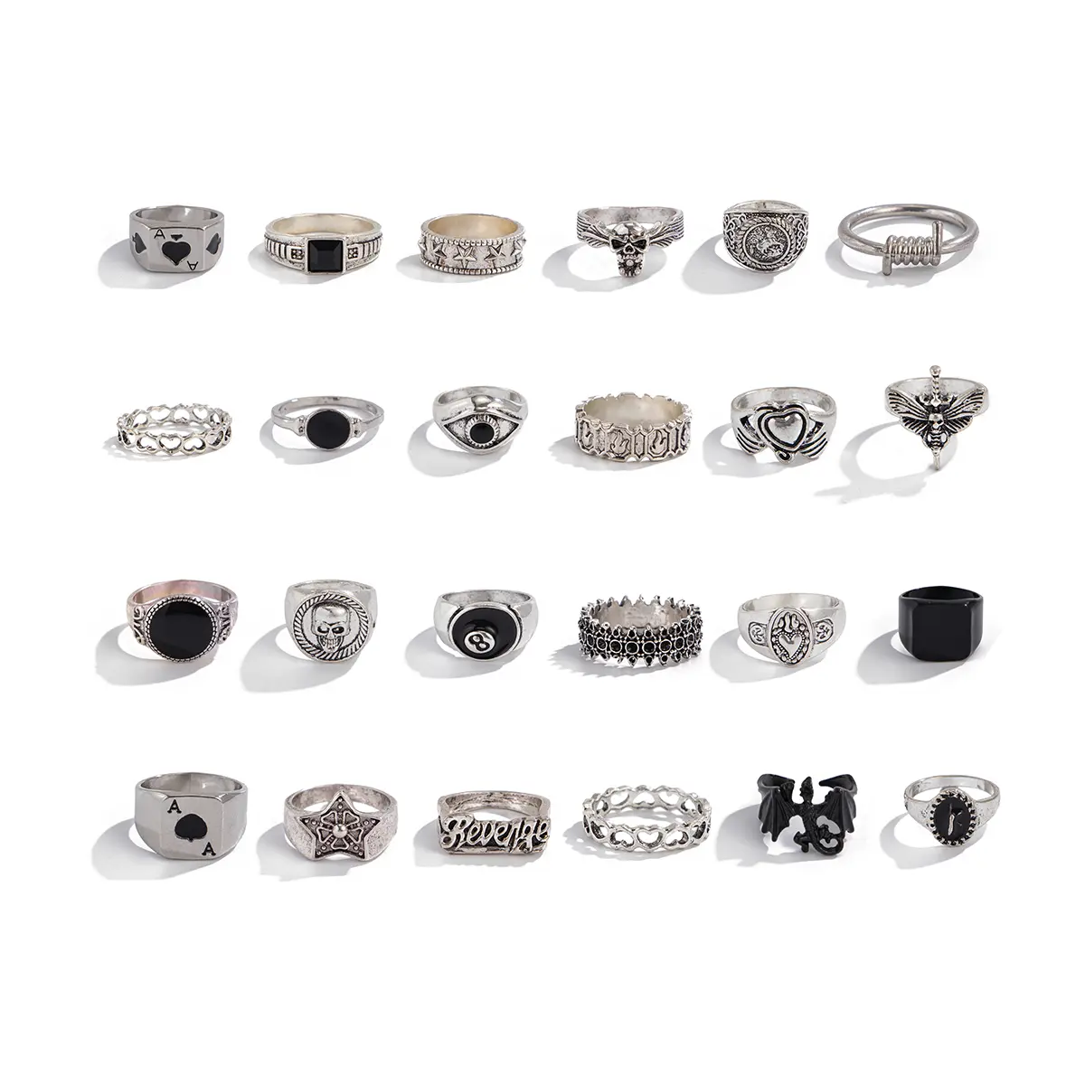 Ingemark 24Pcs/Set Creative Skull Head Poker Bat Rings for Men 2025 Trend Goth Geometric Ancient Silver Color Rings Male Jewelry