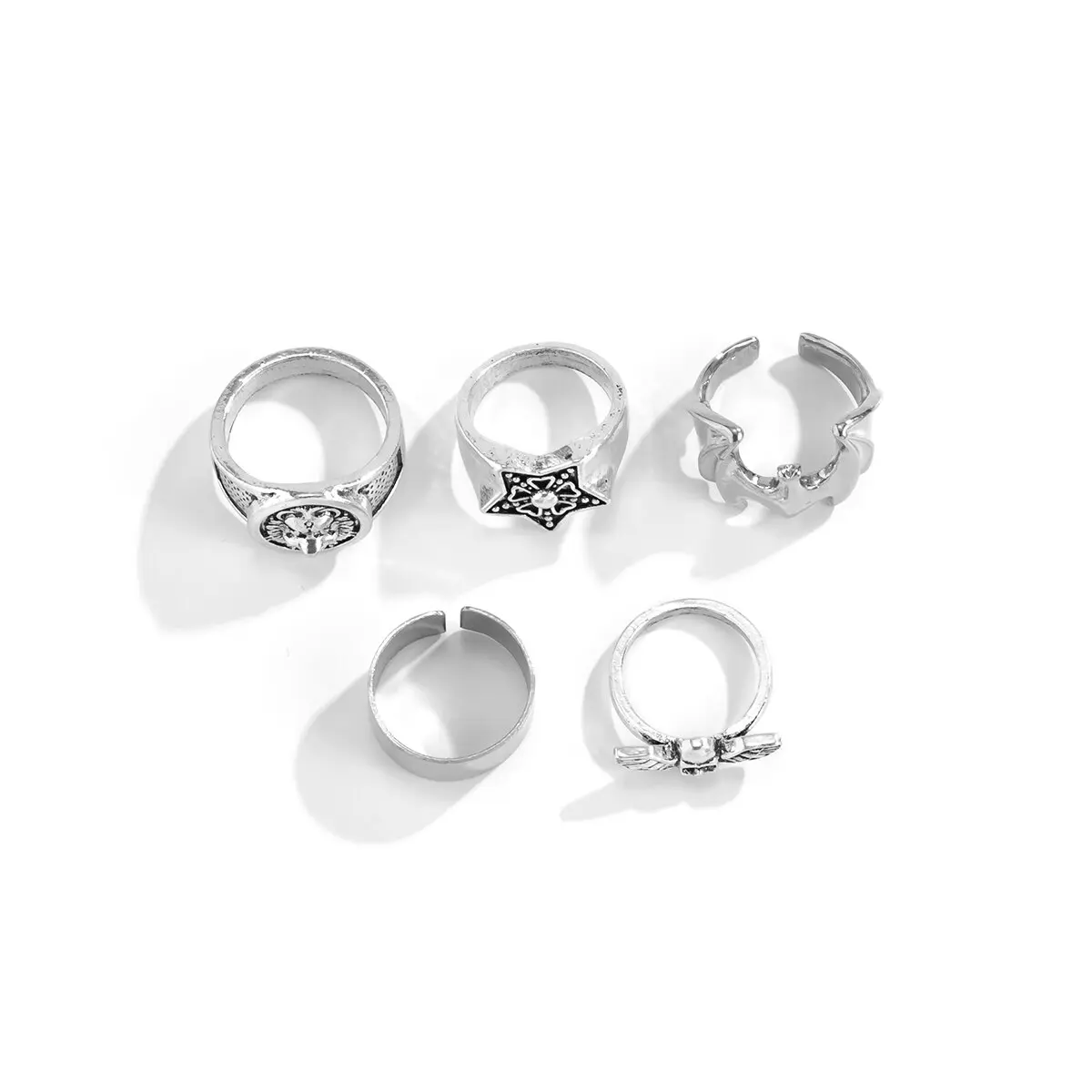5Pcs/Set Gothic Skeleton Skull Bats Wing Rings Set for Men Punk Vintage Silver Color Star Rotable Rings Grunge Jewelry Steampunk