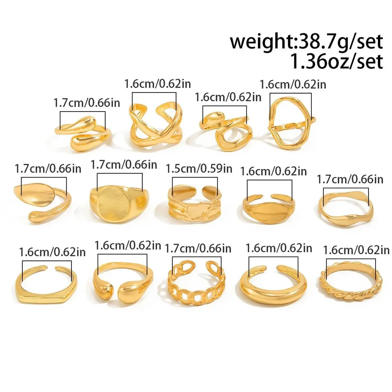 Ingemark 14Pcs/Set Punk Irregular Water Drop Open Rings for Women New Trend Vintage Adjustable Finger Rings Couple Jewelry Gift