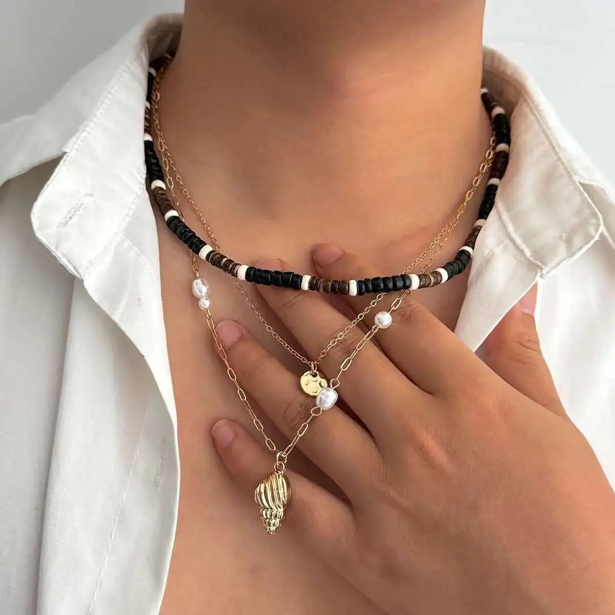 Ingemark 3Pcs/Set Ethnic Conch Coconut Tree Pendant Choker Necklace Men 2025 New Trend Boho Imitation Pearl Chain Summer Jewelry