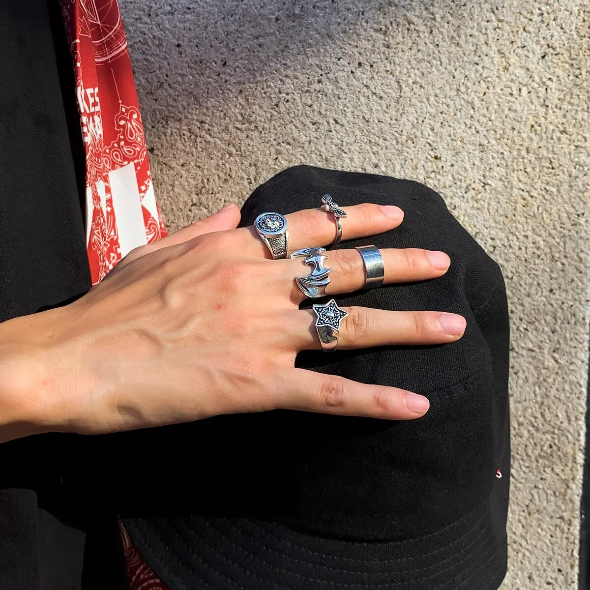 5Pcs/Set Gothic Skeleton Skull Bats Wing Rings Set for Men Punk Vintage Silver Color Star Rotable Rings Grunge Jewelry Steampunk