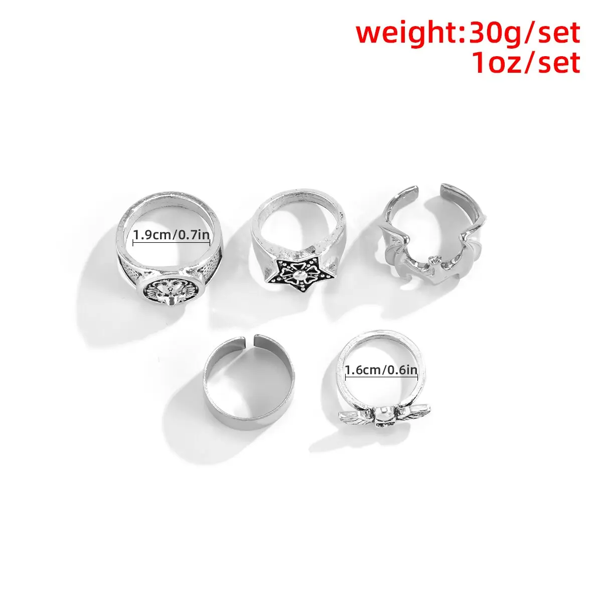 5Pcs/Set Gothic Skeleton Skull Bats Wing Rings Set for Men Punk Vintage Silver Color Star Rotable Rings Grunge Jewelry Steampunk