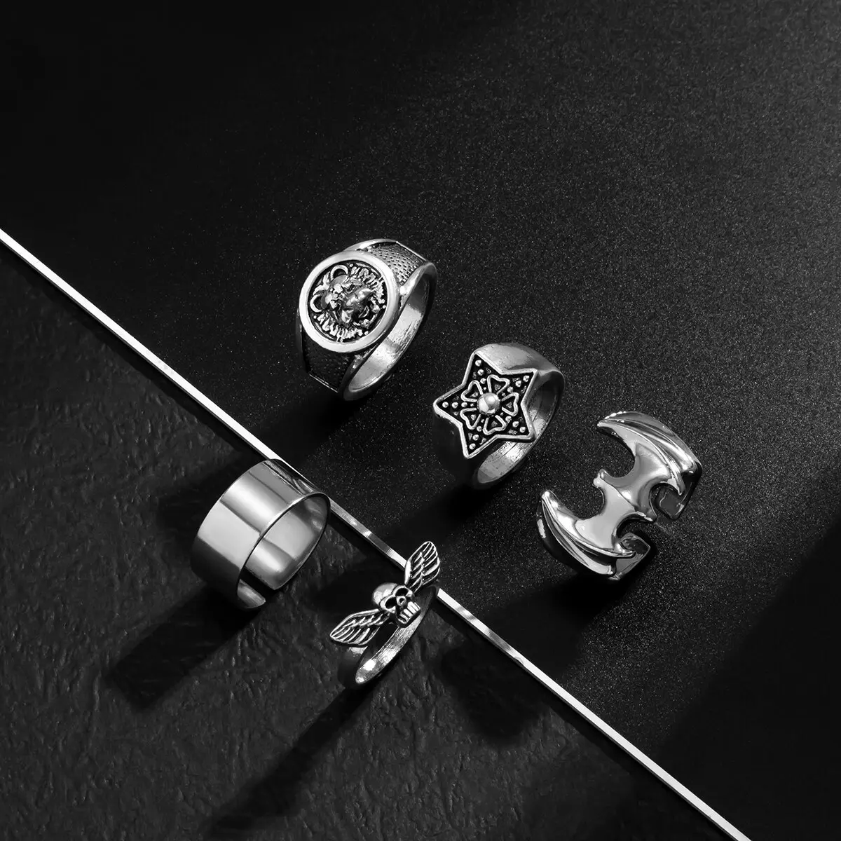 5Pcs/Set Gothic Skeleton Skull Bats Wing Rings Set for Men Punk Vintage Silver Color Star Rotable Rings Grunge Jewelry Steampunk