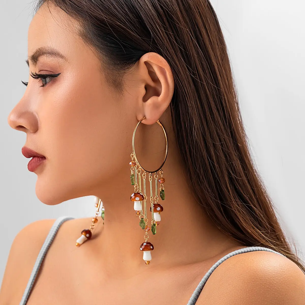 Bohemian Colorful Mushroom Crystal Pendant Long Tassel Earrings Women Exaggerated Piercing Hoop Earring Trend Gift Y2K Jewelry