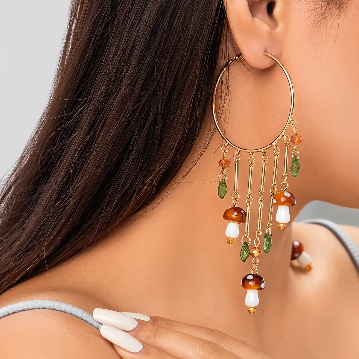 Bohemian Colorful Mushroom Crystal Pendant Long Tassel Earrings Women Exaggerated Piercing Hoop Earring Trend Gift Y2K Jewelry