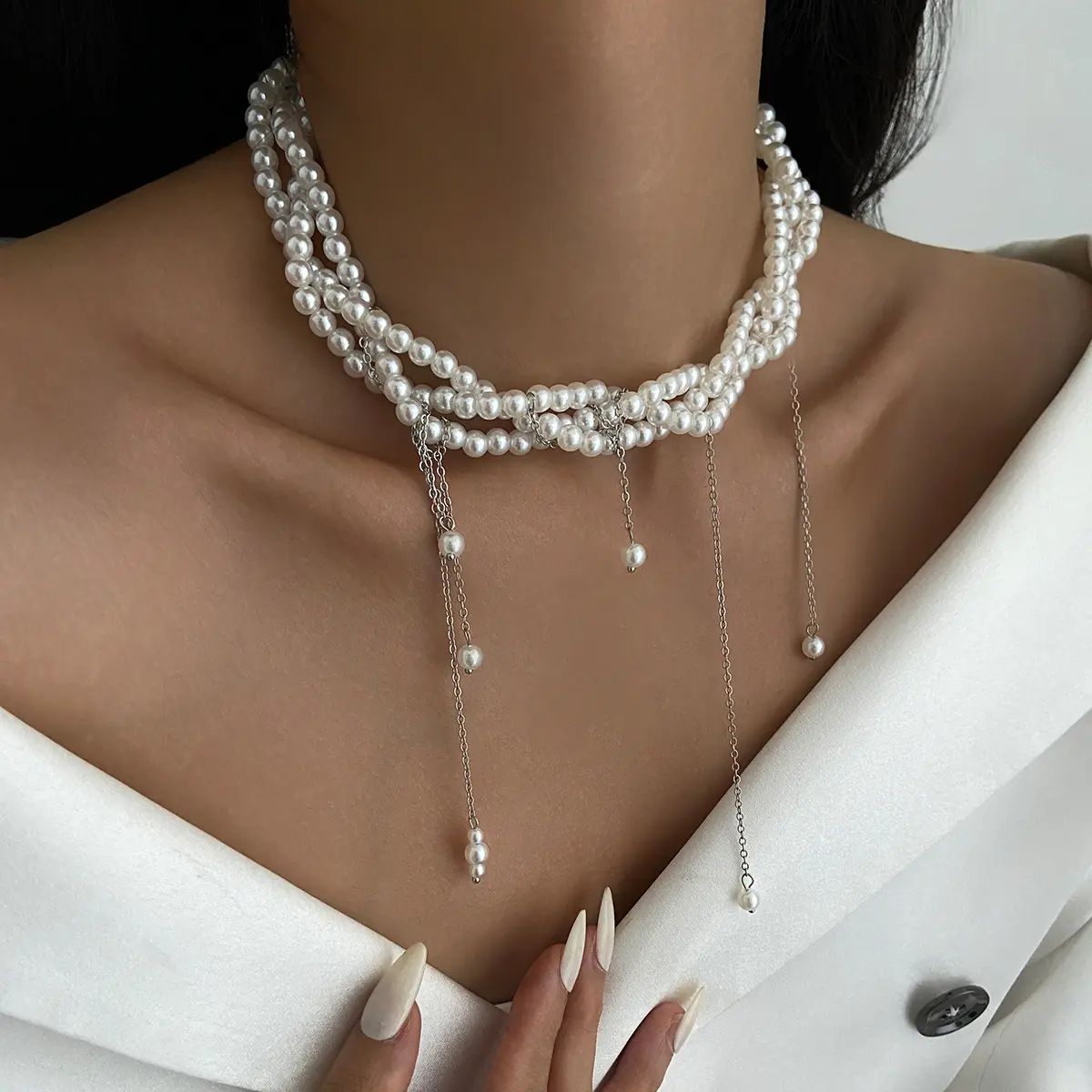 Ingemark Elegant Multilayer Imitation Pearl Choker Necklace For Women Vintage Creative Tassel Pendant Necklace Wedding Jewelry