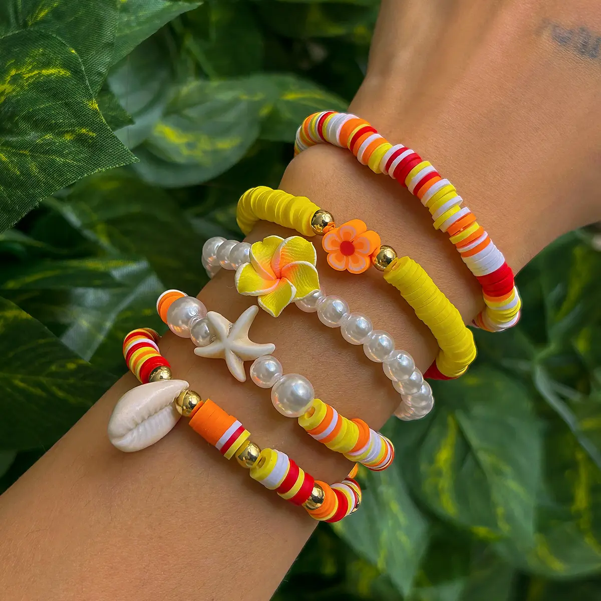 Ingemark Boho Polymer Clay Chain Bracelets Set for Women Starfish Conch Flower Imitation Pearl Elastic Bangles Aesthetic Jewery