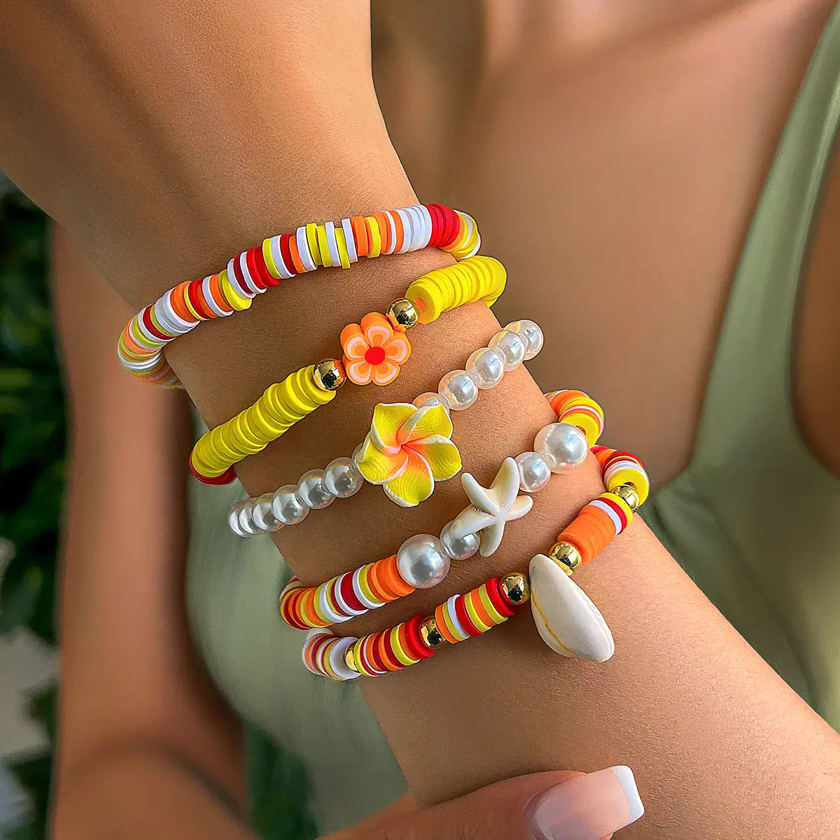 Ingemark Boho Polymer Clay Chain Bracelets Set for Women Starfish Conch Flower Imitation Pearl Elastic Bangles Aesthetic Jewery