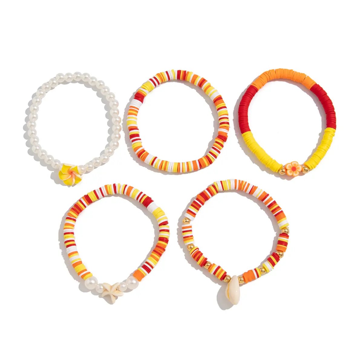 Ingemark Boho Polymer Clay Chain Bracelets Set for Women Starfish Conch Flower Imitation Pearl Elastic Bangles Aesthetic Jewery