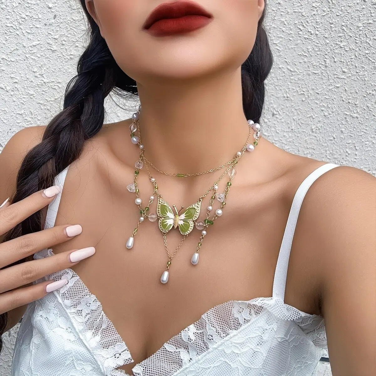 2Pcs Kpop Multilayer Lovely Butterfly Pendant Tassel Necklace Clip Earrings for Women Wed Bridal Exquisite Chain Y2K Jewelry Set