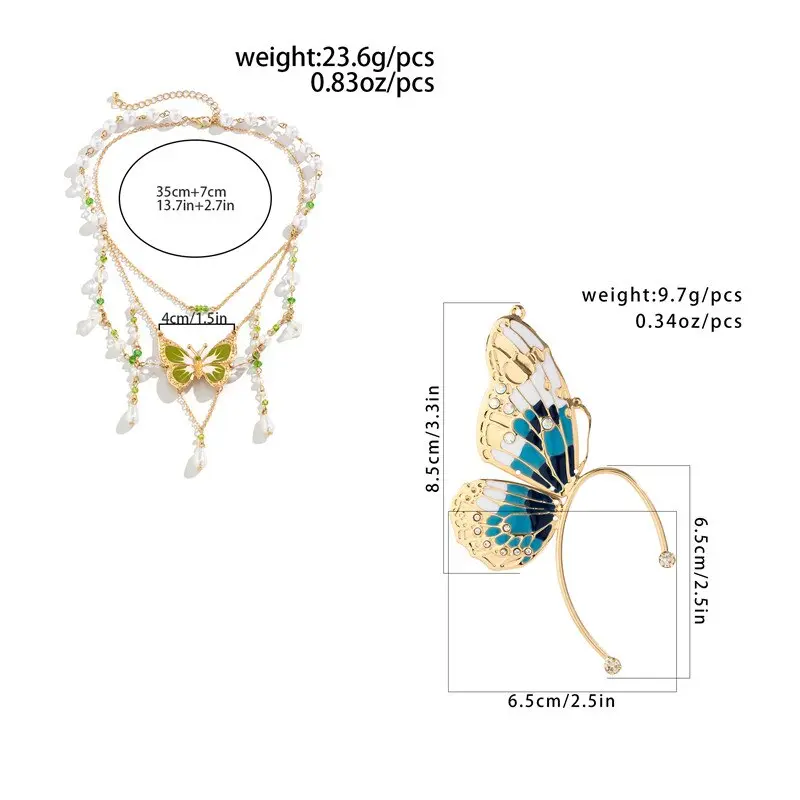 2Pcs Kpop Multilayer Lovely Butterfly Pendant Tassel Necklace Clip Earrings for Women Wed Bridal Exquisite Chain Y2K Jewelry Set