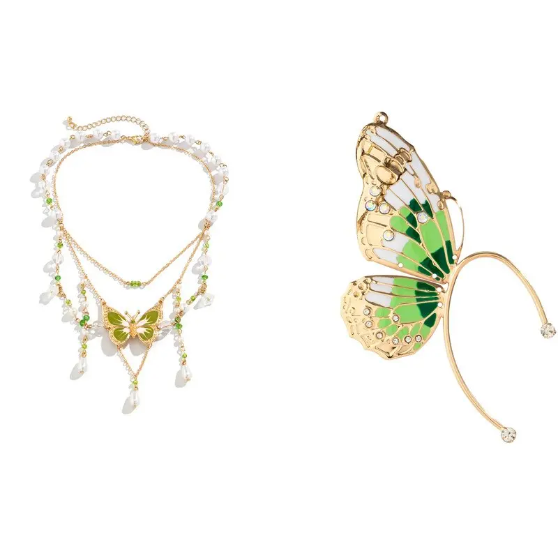 2Pcs Kpop Multilayer Lovely Butterfly Pendant Tassel Necklace Clip Earrings for Women Wed Bridal Exquisite Chain Y2K Jewelry Set