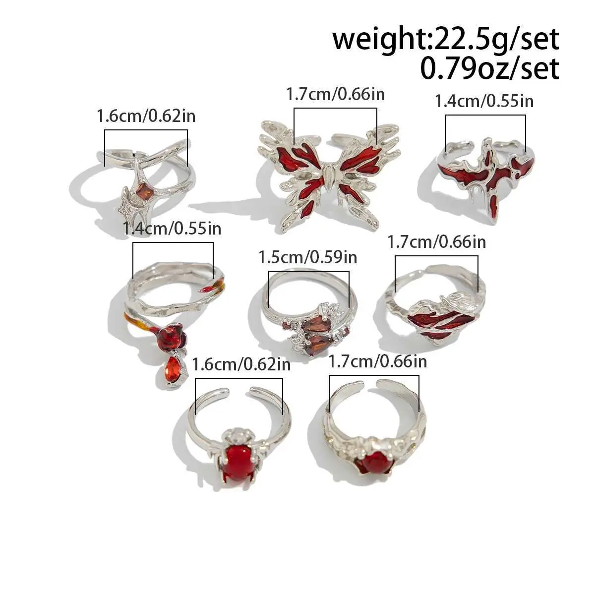 Ingemark 8Pcs/Set Goth Red Crystal Butterfly Heart Open Rings for Women Trend Vintage Adjustable Finger Rings Halloween Jewelry