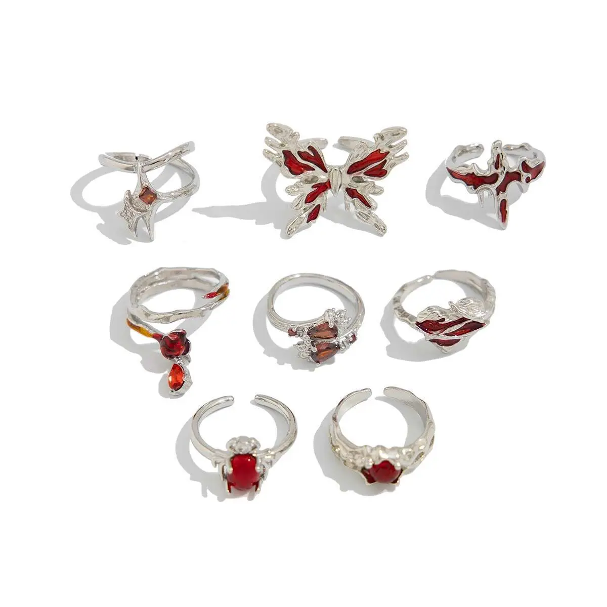 Ingemark 8Pcs/Set Goth Red Crystal Butterfly Heart Open Rings for Women Trend Vintage Adjustable Finger Rings Halloween Jewelry