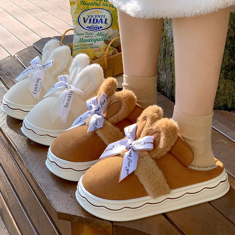 Winter Faux Suede Cotton Slippers for Women's Winter Home Rabbit Bow Cotton Slippers for Warmth, New Thick Soled Princess Style
