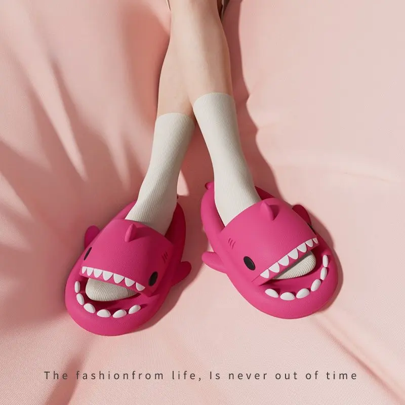 4cm Thick Sole Shark Slippers Women Men Indoor Bathroom Slides Cute Cartoon 2024 Summer Shoes Female Male Street Beach Sandals
