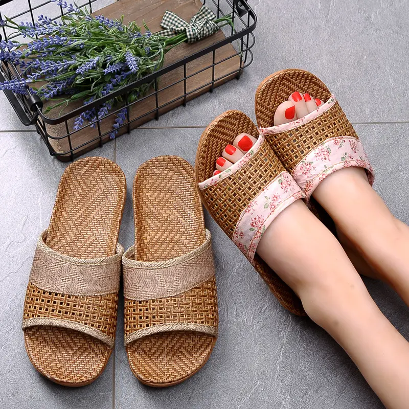 Breathable Straw Mat Shoes Woman Indoor Slippers Anti-slip Lovers Home Linen Slipper Female Male House Floor Slides SH423
