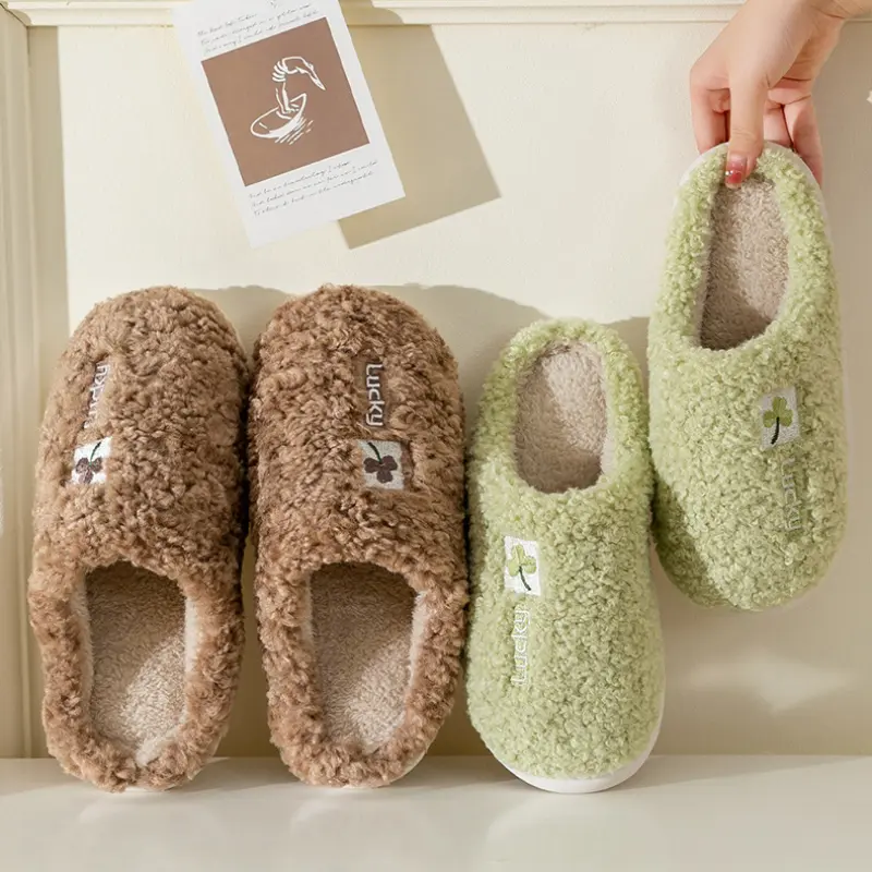 Women Warm Fur Slippers Indoor Home Shoes Couples Fluffy Cotton Slides Soft Plush Anti-slip Female Male House Bedroom Footwear