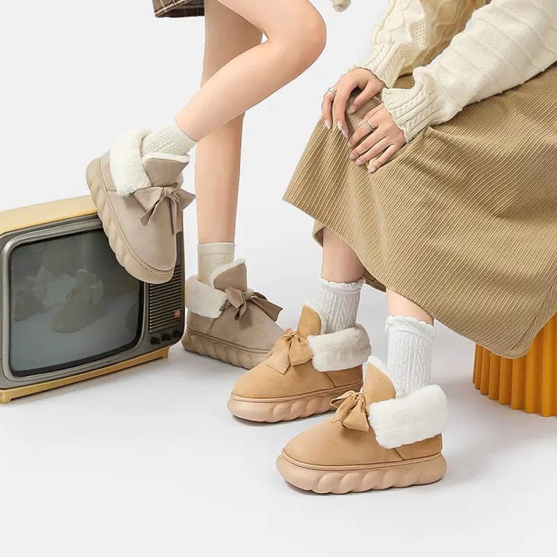 2024 New Winter Warm Slippers Women Home Floor Shoes Soft Plush Lace-up Female Indoor Street Snow Boots Girls Platform Footwear