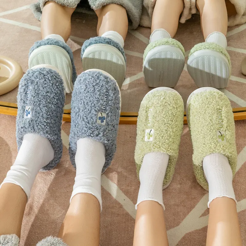 Women Warm Fur Slippers Indoor Home Shoes Couples Fluffy Cotton Slides Soft Plush Anti-slip Female Male House Bedroom Footwear