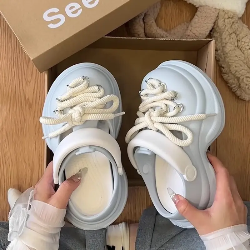 Women Platform Sandals DIY Laceup Fashion Clogs Thick Sole Summer Garden Shoes Ladies Home Street Slippers Beach Wedges Slides