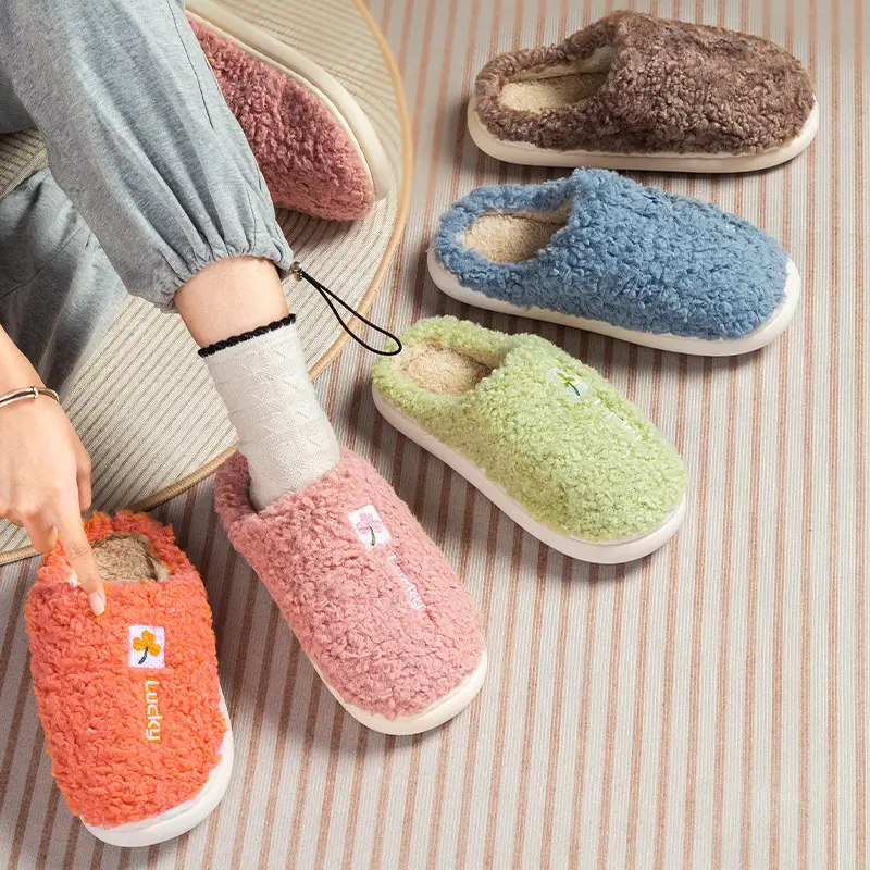 Women Warm Fur Slippers Indoor Home Shoes Couples Fluffy Cotton Slides Soft Plush Anti-slip Female Male House Bedroom Footwear