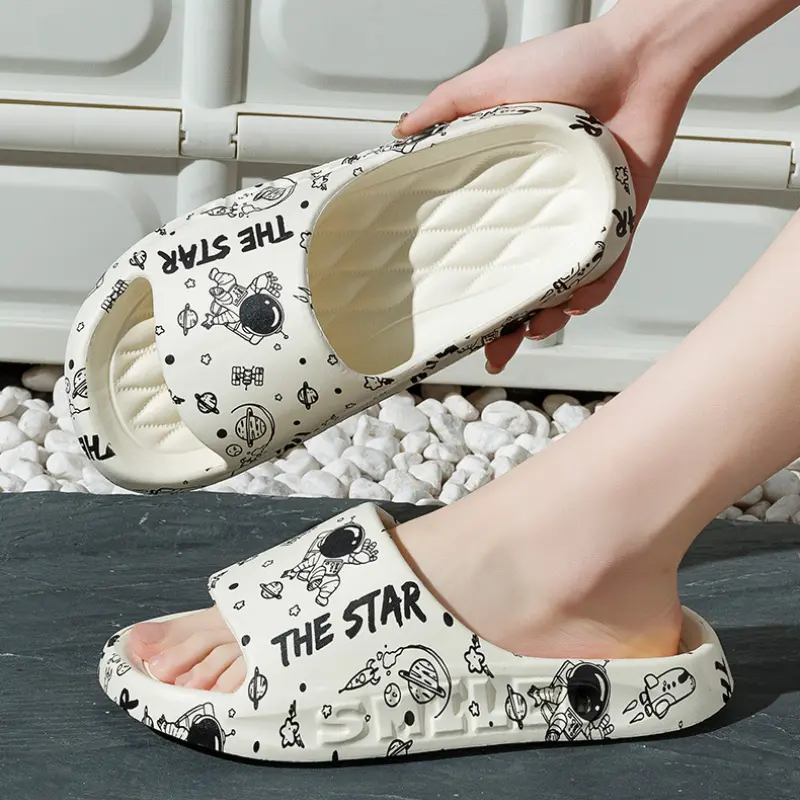 Men Summer Slippers Cute Cartoon Print Home Floor Shoes Soft EVA Anti-slip Couples Indoor Bathroom Shower Slides Women Sandals