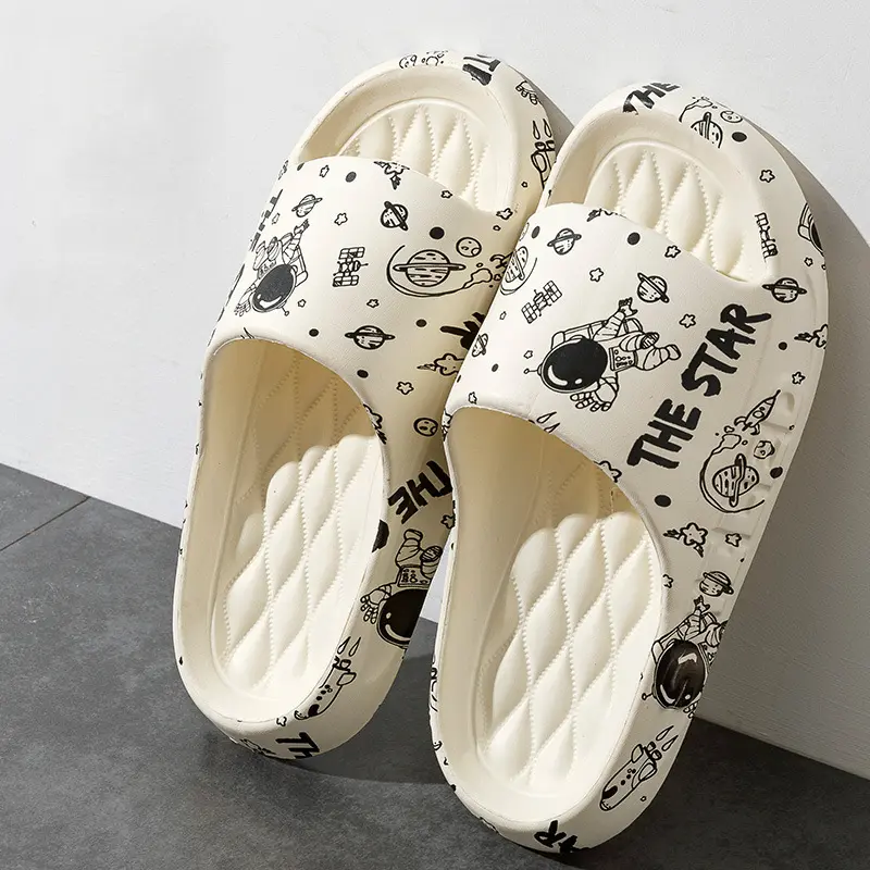 Men Summer Slippers Cute Cartoon Print Home Floor Shoes Soft EVA Anti-slip Couples Indoor Bathroom Shower Slides Women Sandals