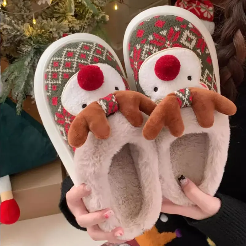 Cute Cartoon Deer Slippers For Women Warm Fluffy Shoes Soft Plush Anti-slip Female Indoor Home Cotton Slipper Christmas Footwear