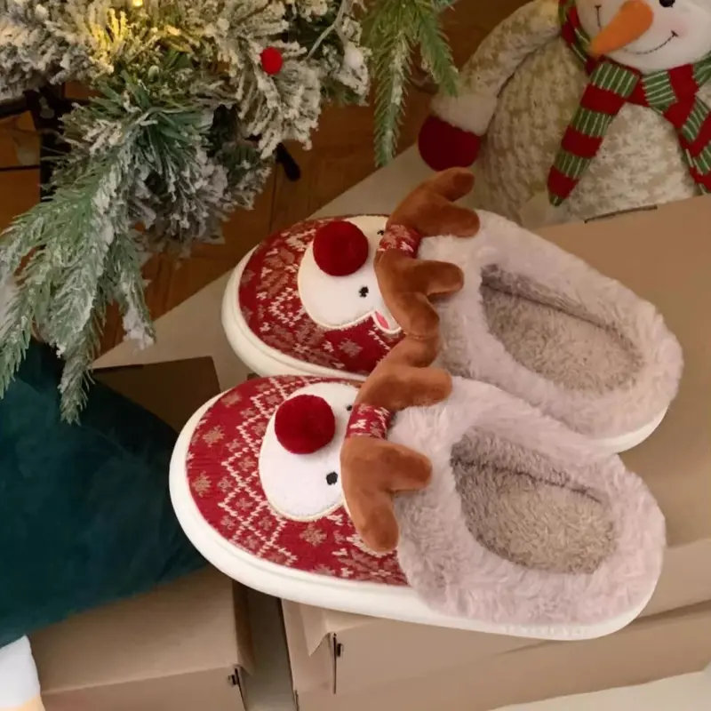 Cute Cartoon Deer Slippers For Women Warm Fluffy Shoes Soft Plush Anti-slip Female Indoor Home Cotton Slipper Christmas Footwear