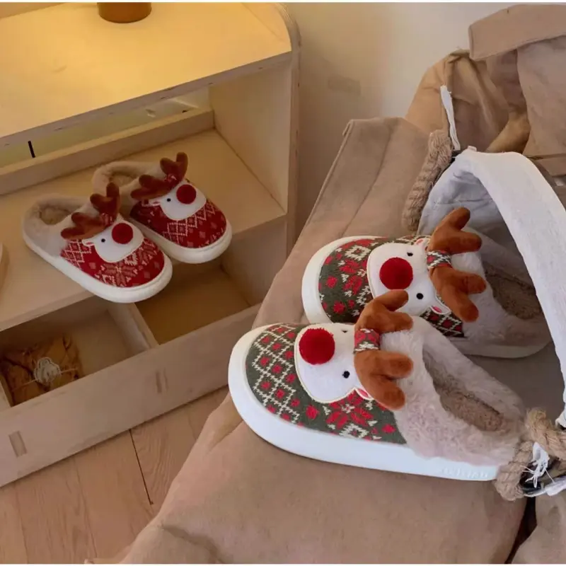 Cute Cartoon Deer Slippers For Women Warm Fluffy Shoes Soft Plush Anti-slip Female Indoor Home Cotton Slipper Christmas Footwear