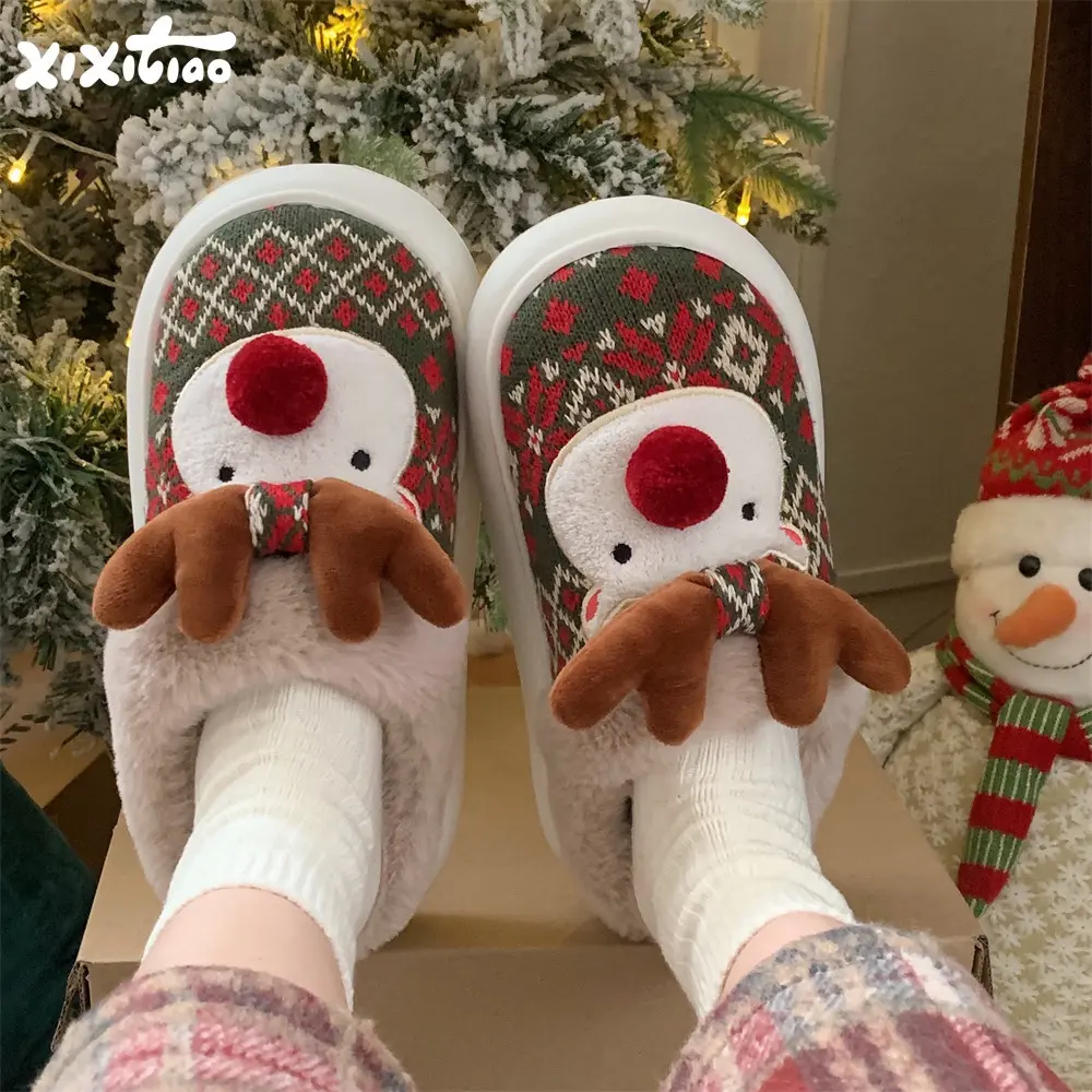 Cute Cartoon Deer Slippers For Women Warm Fluffy Shoes Soft Plush Anti-slip Female Indoor Home Cotton Slipper Christmas Footwear