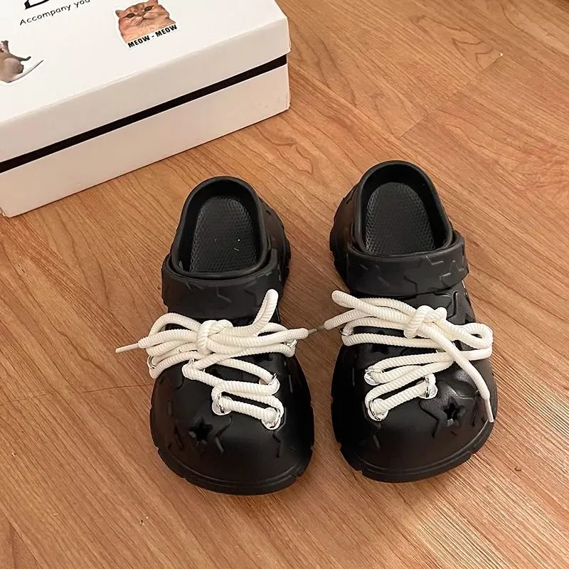 Women Platform Sandals Leisure DIY Laceup Clogs Thick Sole Summer Garden Shoes Cute Star Style Female Daily Street Slippers