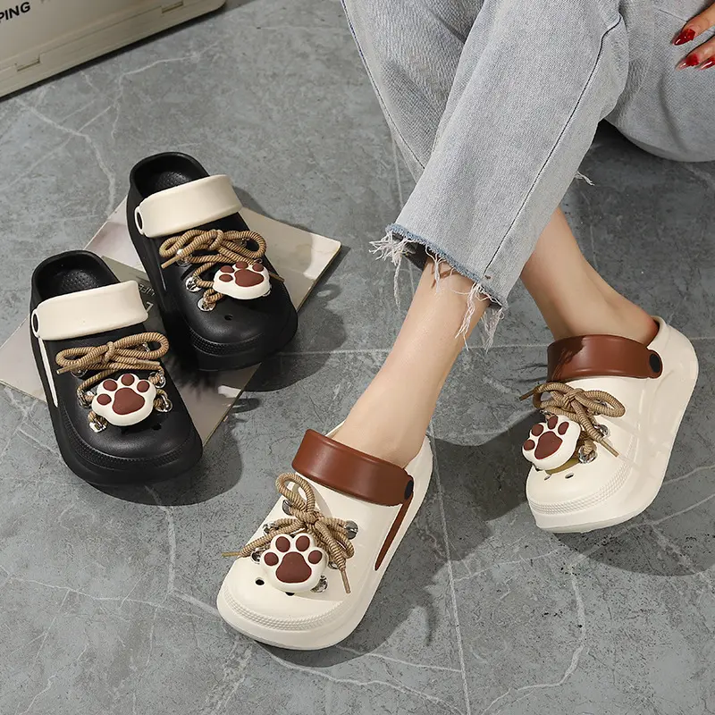 Women Summer Sandals Cute DIY Lace-up Paw Garden Shoes Girls Fashion Clogs Thick Sole 2 Way Wear Female Home Street Slippers