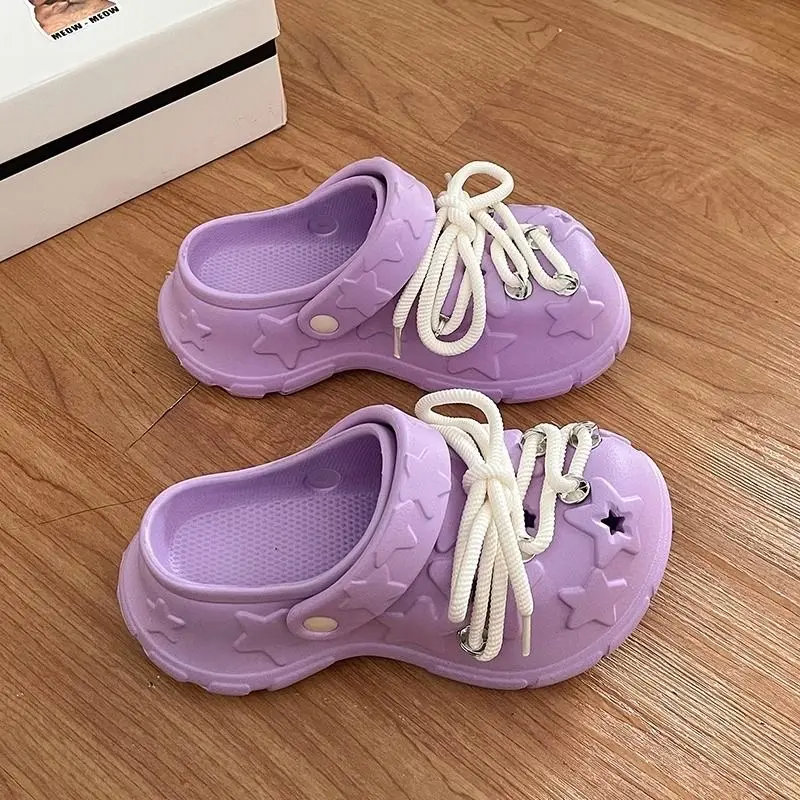 Women Platform Sandals Leisure DIY Laceup Clogs Thick Sole Summer Garden Shoes Cute Star Style Female Daily Street Slippers