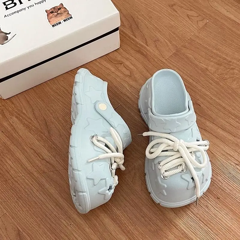 Women Platform Sandals Leisure DIY Laceup Clogs Thick Sole Summer Garden Shoes Cute Star Style Female Daily Street Slippers