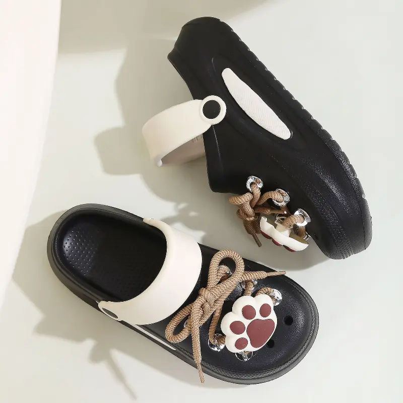 Women Summer Sandals Cute DIY Lace-up Paw Garden Shoes Girls Fashion Clogs Thick Sole 2 Way Wear Female Home Street Slippers