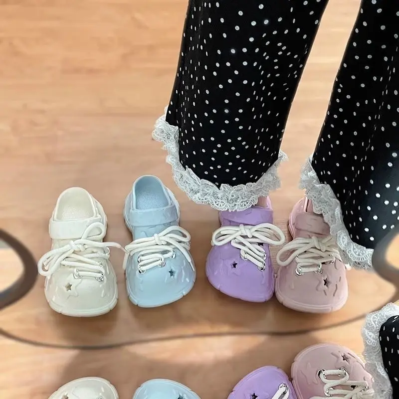 Women Platform Sandals Leisure DIY Laceup Clogs Thick Sole Summer Garden Shoes Cute Star Style Female Daily Street Slippers