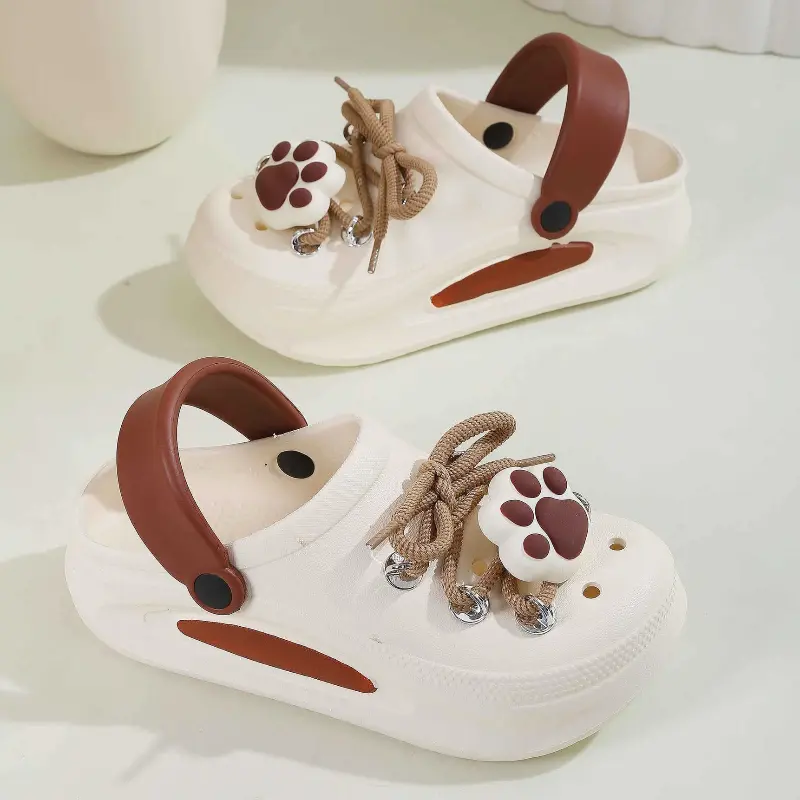 Women Summer Sandals Cute DIY Lace-up Paw Garden Shoes Girls Fashion Clogs Thick Sole 2 Way Wear Female Home Street Slippers