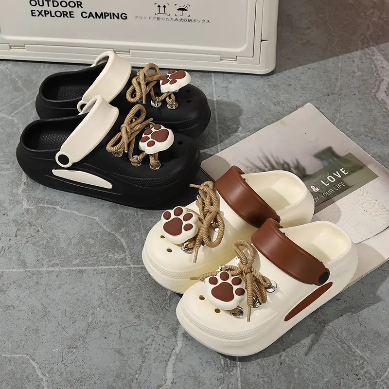 Women Summer Sandals Cute DIY Lace-up Paw Garden Shoes Girls Fashion Clogs Thick Sole 2 Way Wear Female Home Street Slippers