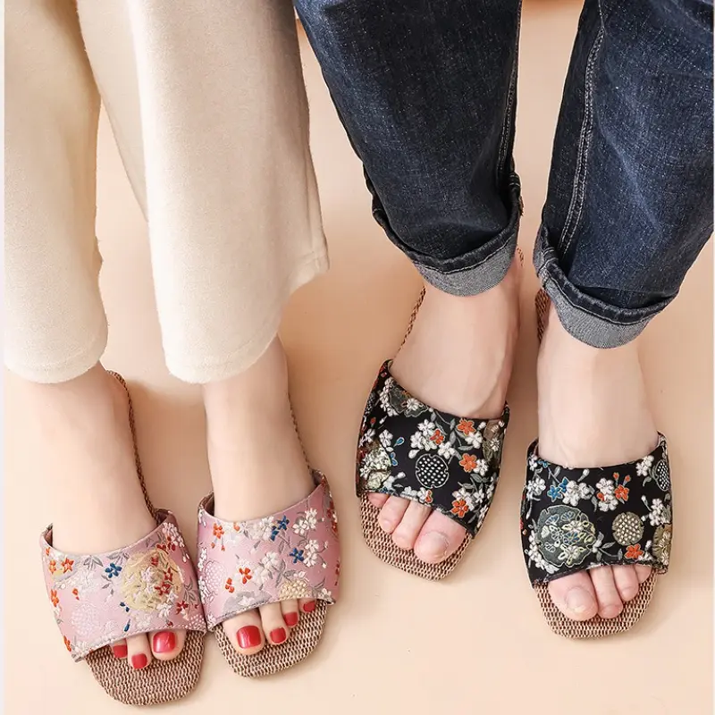 Breathable Indoor Linen Slippers For Women Men Home Floor Shoes Chinese Style Emrobidery Anti-slip Couples House Bedroom Slides