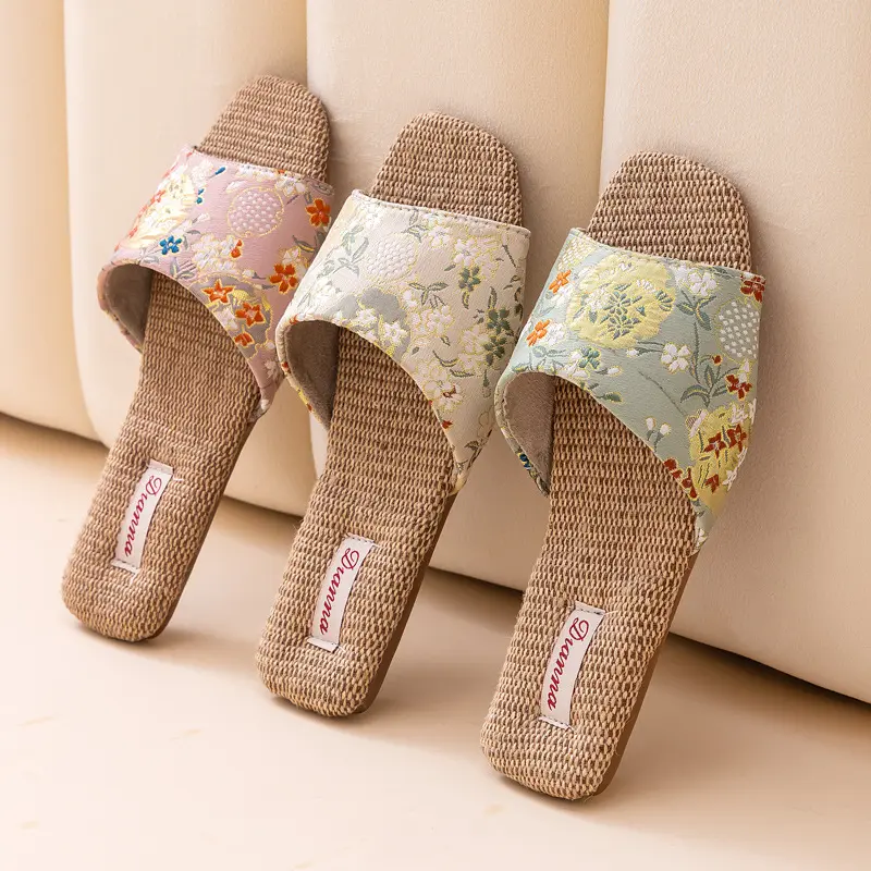 Breathable Indoor Linen Slippers For Women Men Home Floor Shoes Chinese Style Emrobidery Anti-slip Couples House Bedroom Slides