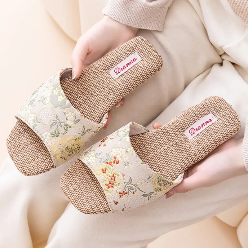 Breathable Indoor Linen Slippers For Women Men Home Floor Shoes Chinese Style Emrobidery Anti-slip Couples House Bedroom Slides